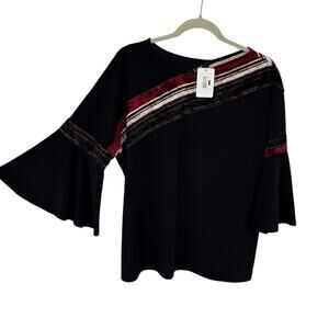 Lior Paris Slinky Knit Tunic Small Black Burgundy Velour Bell Sleeve Artsy NWT